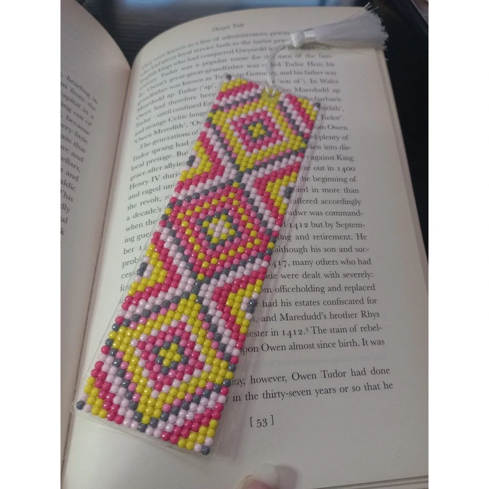 Handmade Diamond Painting Bookmark Pink Yellow Geometric Design White Tassel...